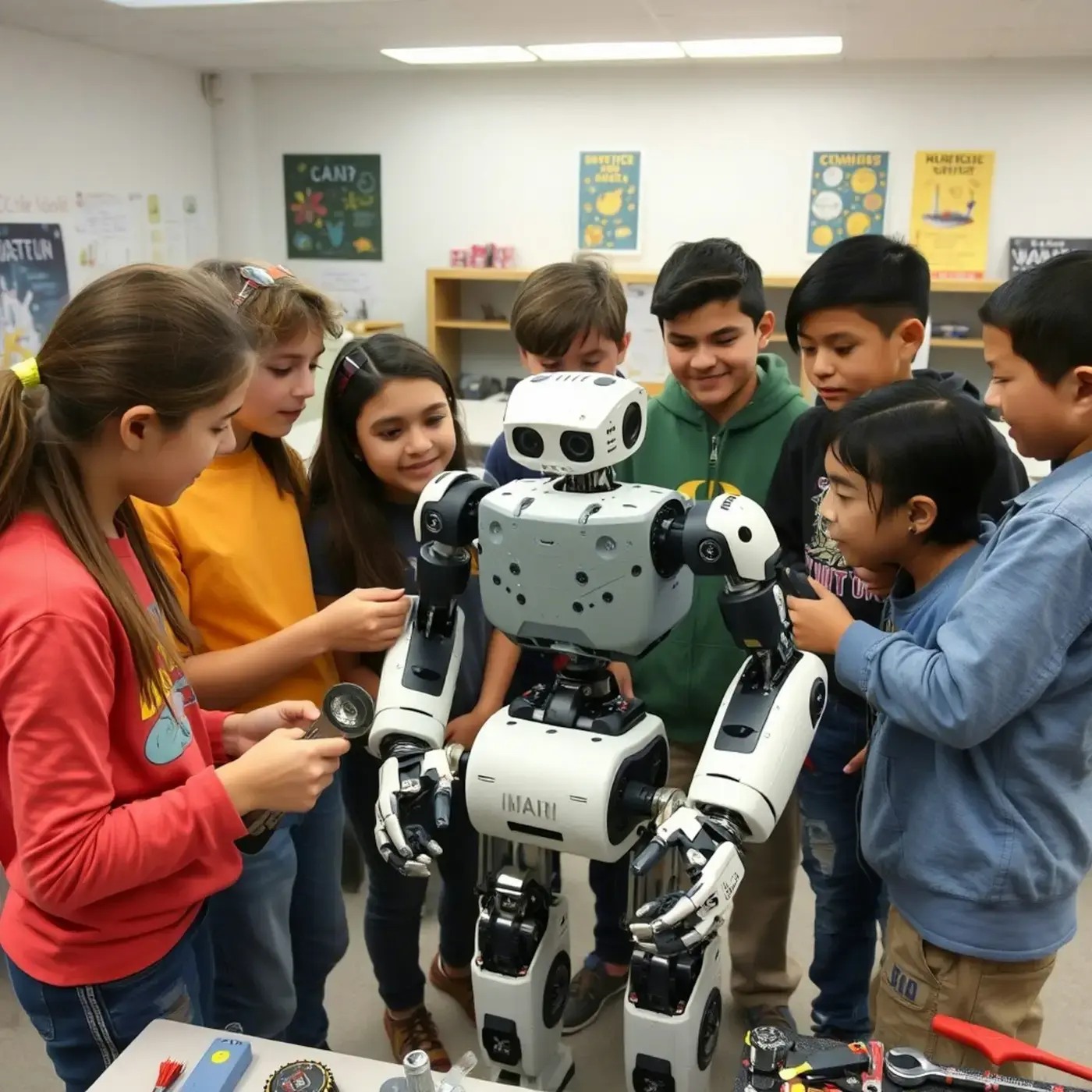Robototexnika darsida robot atrofida yig'ilgan bolalar